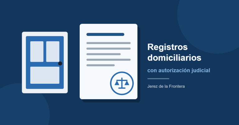 Ilustración de una puerta de vivienda junto a un auto judicial con el símbolo de la balanza, para representar la autorización judicial de entrada y registro