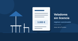Ilustración de una terraza con mesa, silla y sombrilla junto a un acta administrativa con una sanción de 3.000 euros